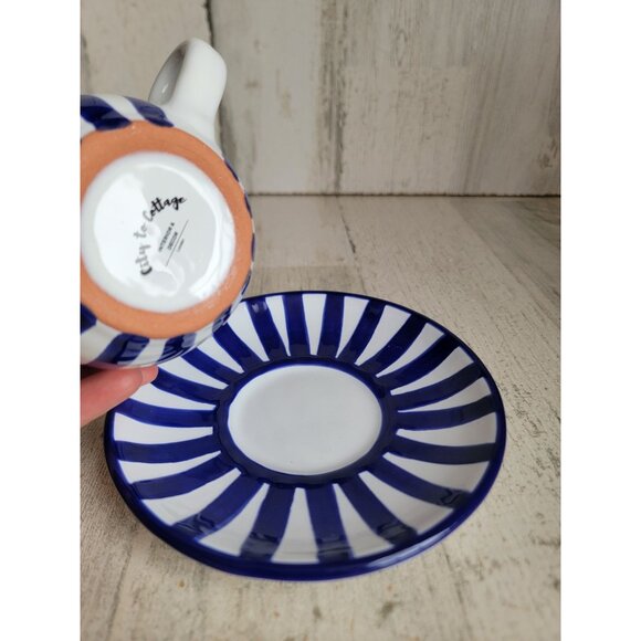 City to cottage dark blue striped teacup mug‎ saucer set - Picture 4 of 8
